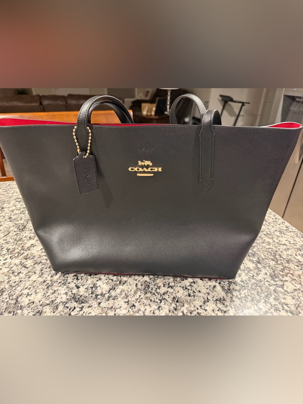 Coach Black Leather Tote City Bag with Gold Logo and Red Trim